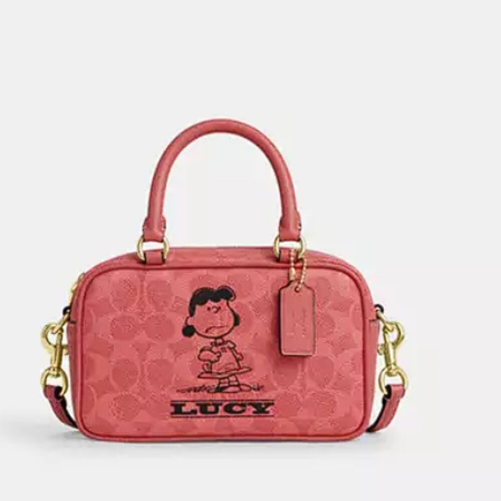Coach X Peanuts Satchel Crossbody Bag Signature Canvas With Lucy - Bright Coral